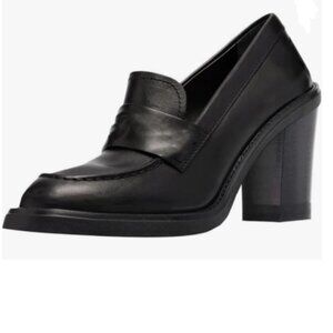 YDN Black Chunky High Heels Round Toe Oxford Loafer Shoes Slip On Office Pump